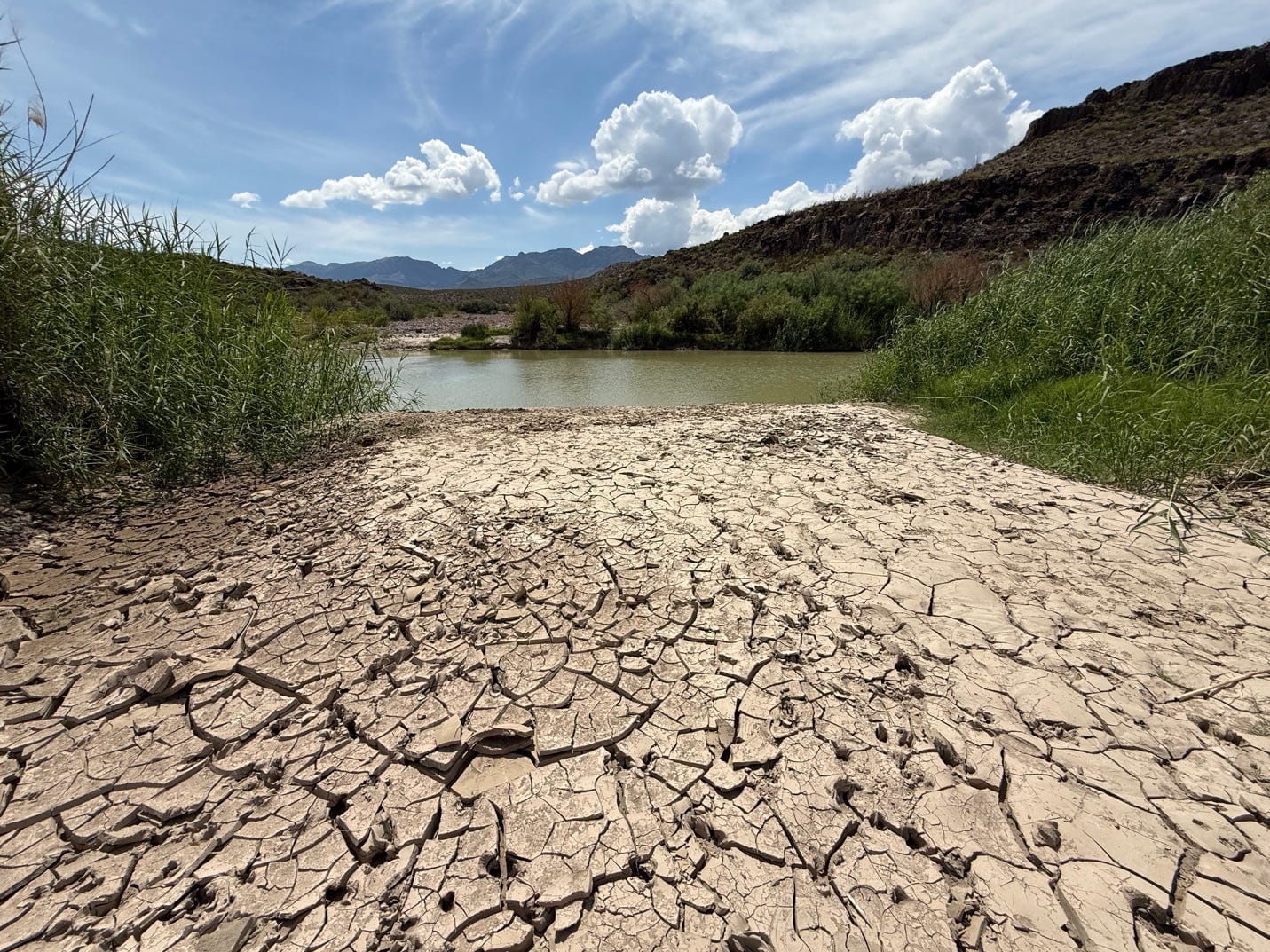 A dry cracked ground with a river in the background
AI-generated content may be incorrect.